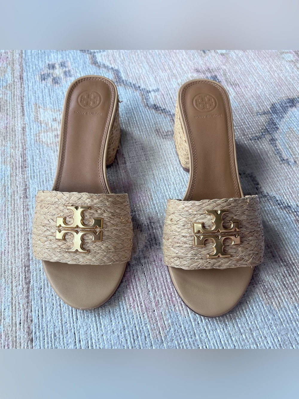 Tory Burch Natural Raffia Mule Sandals with Gold Logo